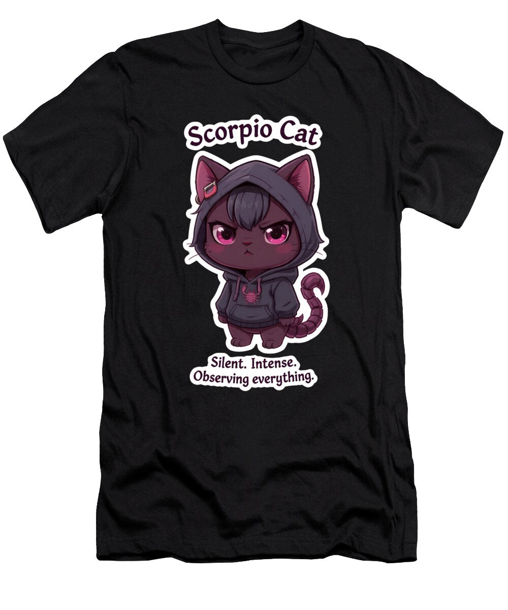 Scorpio Cat Mysterious Intense Zodiac Chibi Cat Sticker Melinda Dusnoki T-Shirt
