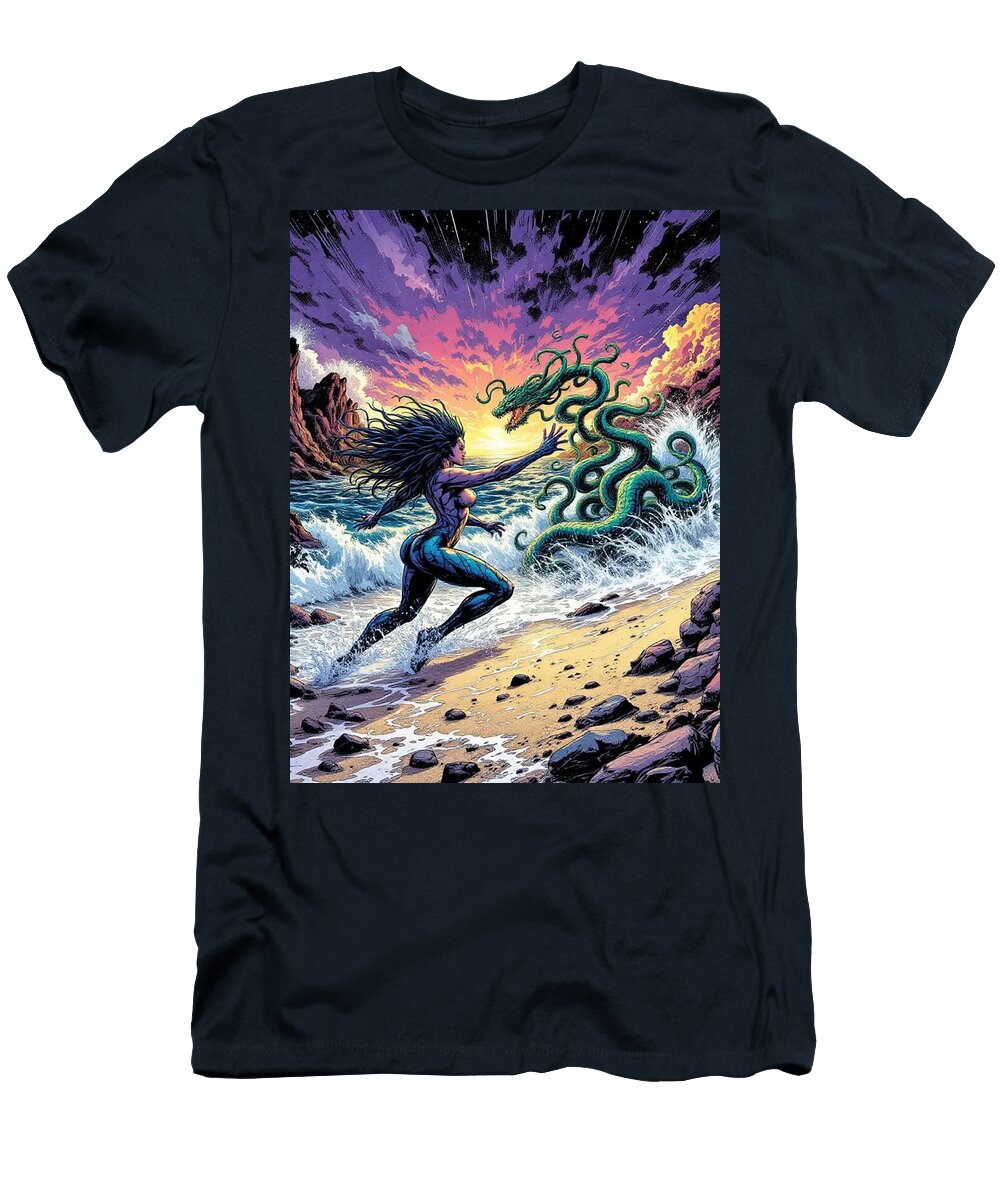 Sexy Warrior Woman Confronts Sea Monster At Sunset Scott Van Osdol T-Shirt
