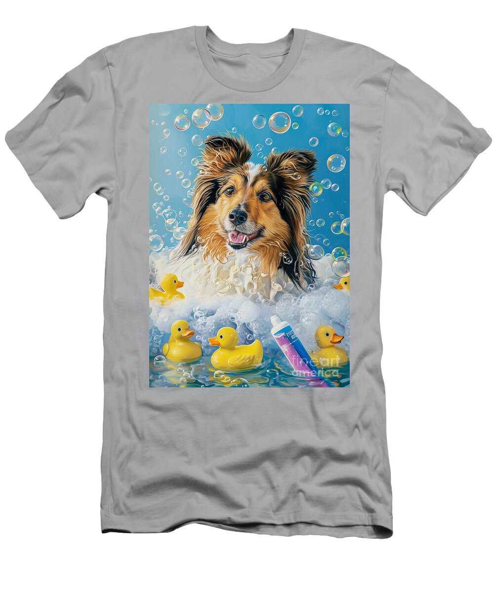 Shetland Sheepdog Dog Enjoying a Bubbly Bath Adrien Efren T-Shirt
