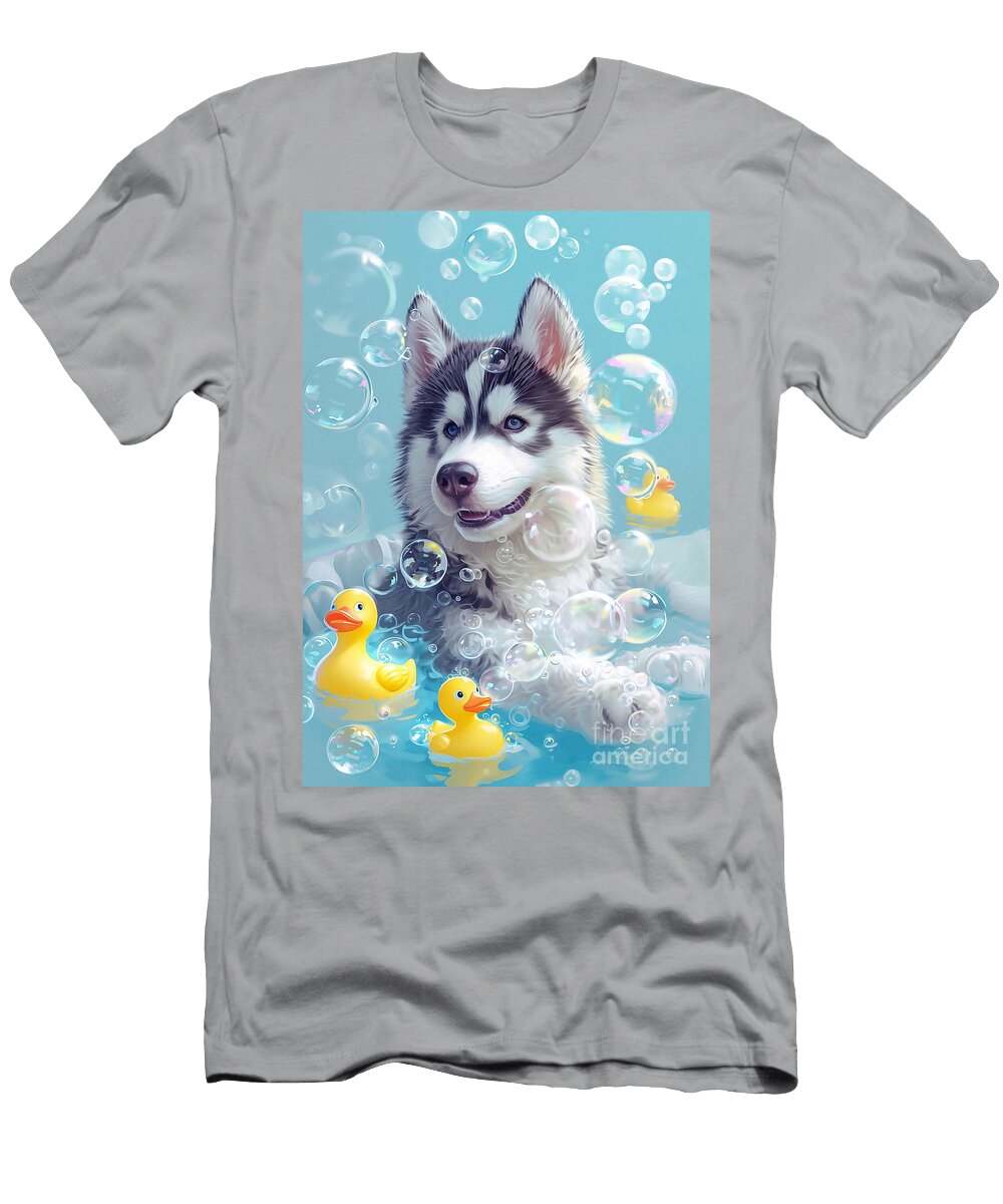 Siberian Husky Dog Frolicking in a Bubbly Bathtub Adrien Efren T-Shirt