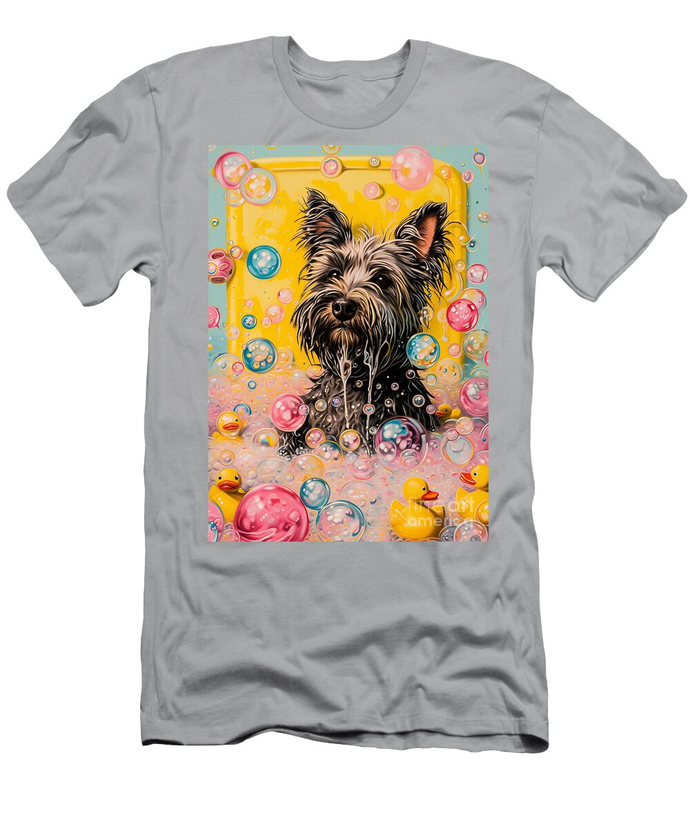 Skye Terrier Dog in a Bubbly Bathtub Scene Adrien Efren T-Shirt
