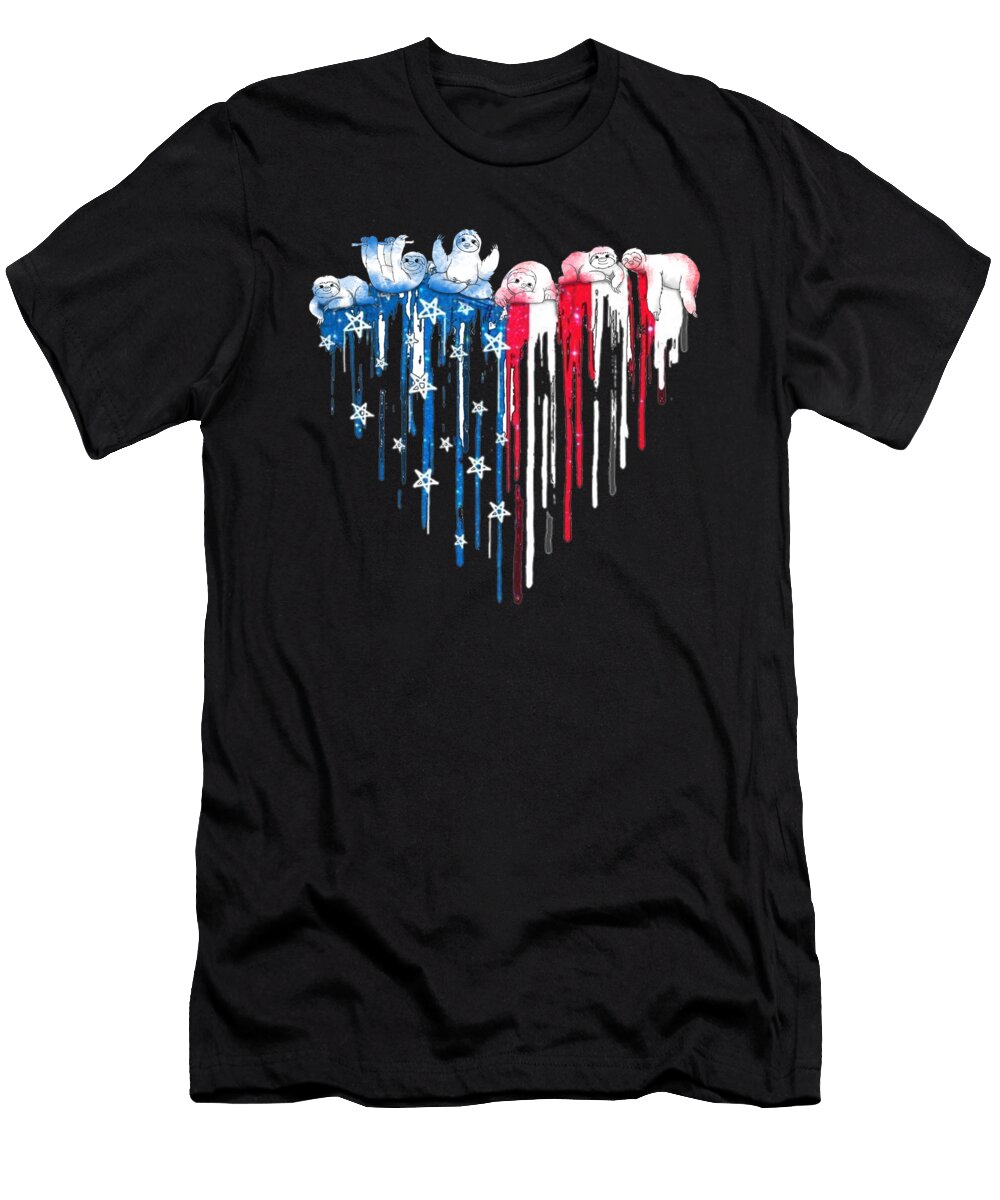 Sloth Watercolor Cute Animal Blue and Red Heart Fancylife T-Shirt