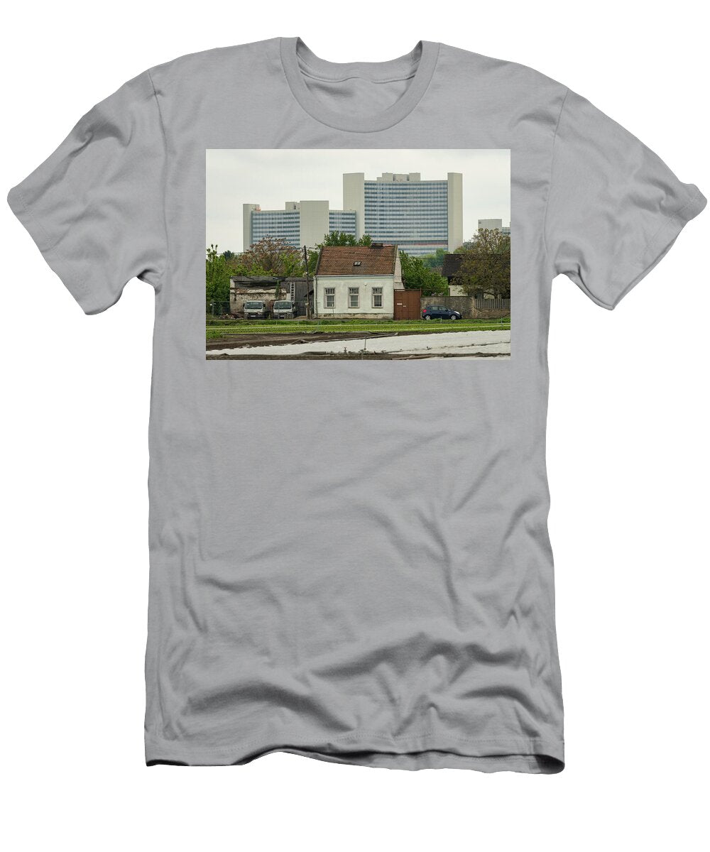 Small Old House with Fields in Front of Uno City Vienna in Cloudy Spring Stefan Rotter T-Shirt