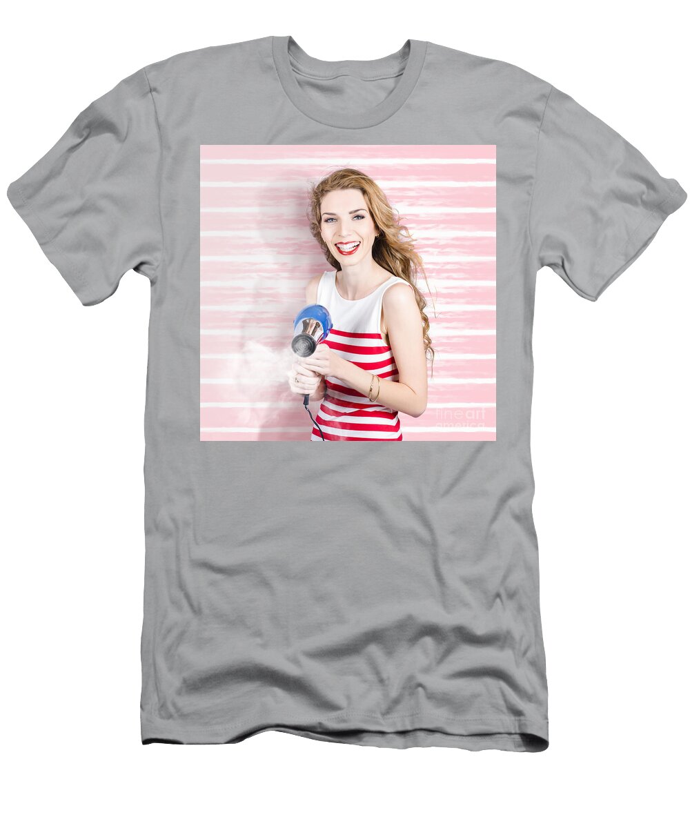 Smiling Stylist with Hair Dryer At Beauty Salon Ryan Jorgensen T-Shirt