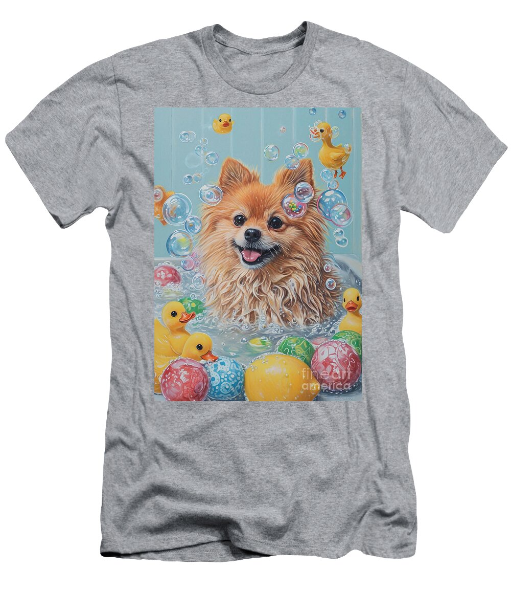 Spitz Dog Enjoying a Bubbly Bath Adrien Efren T-Shirt