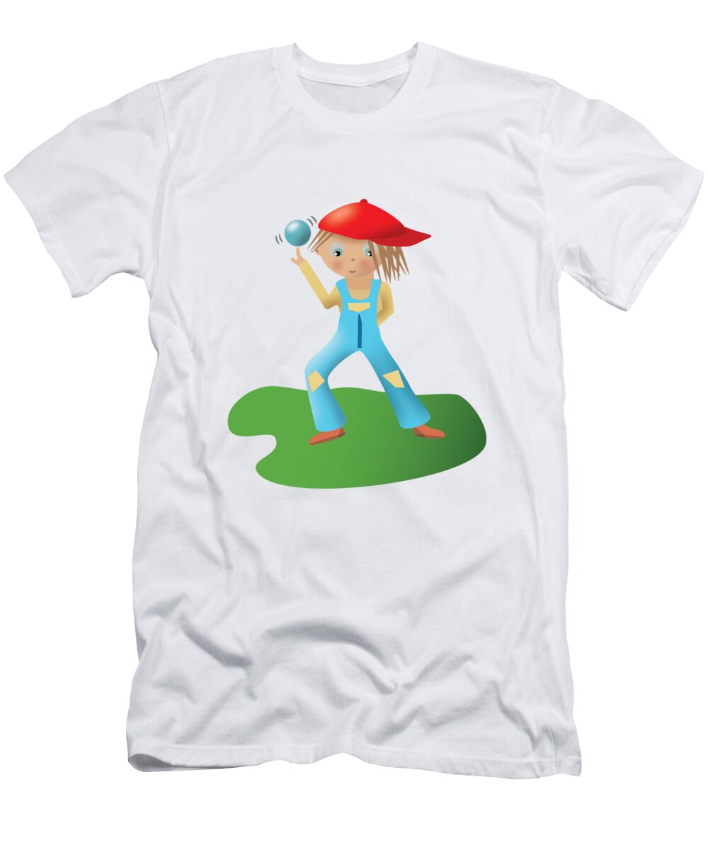 Sporty Boy in a Baseball Cal Spinning a Ball on One Finger on Grass Barefoot Bodeez Art T-Shirt