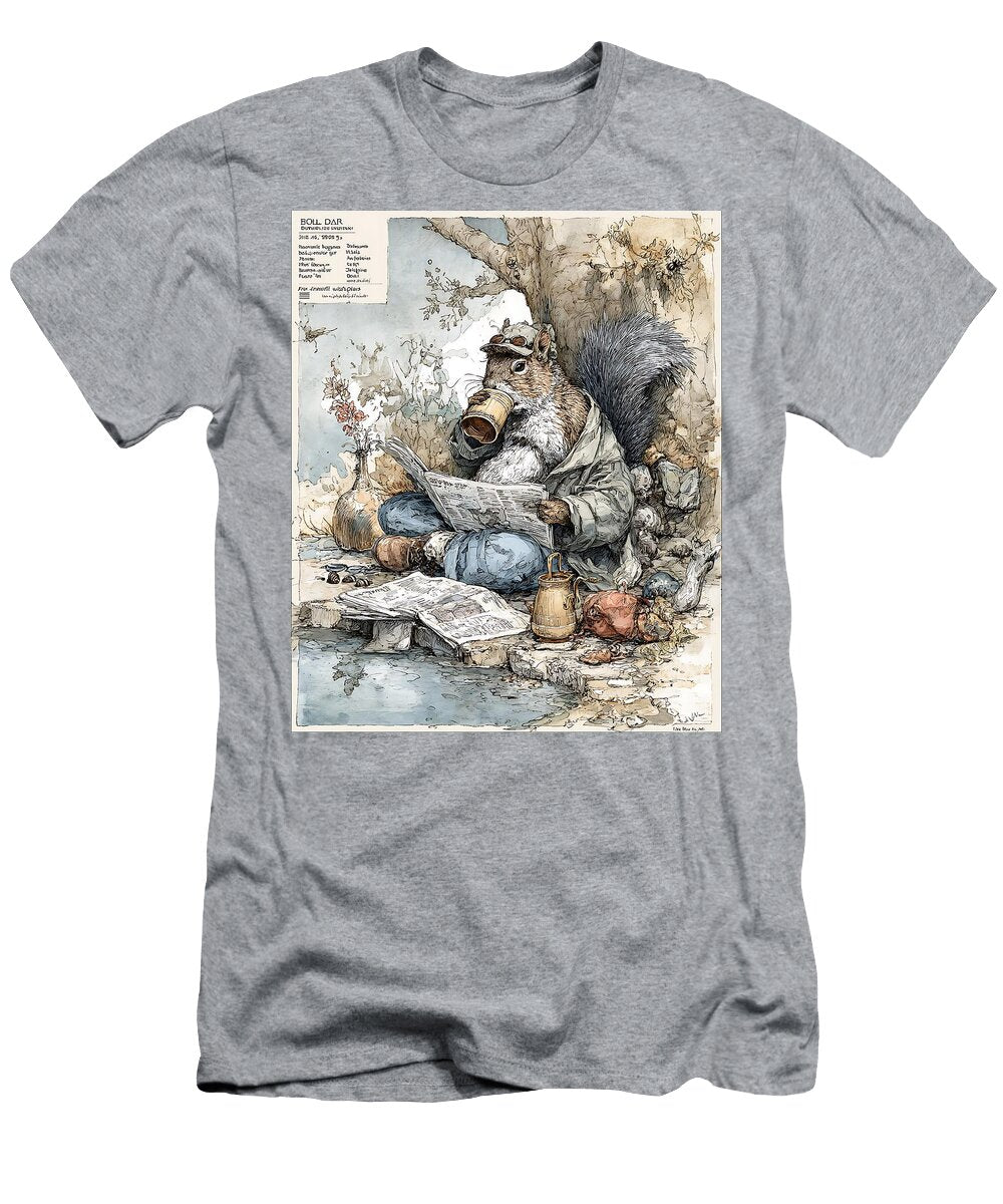 Squirrel with Newspaper Squirrel Reading Urban Wildlife Funny Cartoonish Drawing of an Animal Doing Kari Goldfalse T-Shirt
