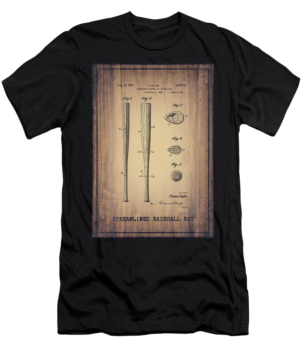 Streamlined Baseball Bat Vintage Patent 1939 Sheet 1 Sepia Carol Japp T-Shirt