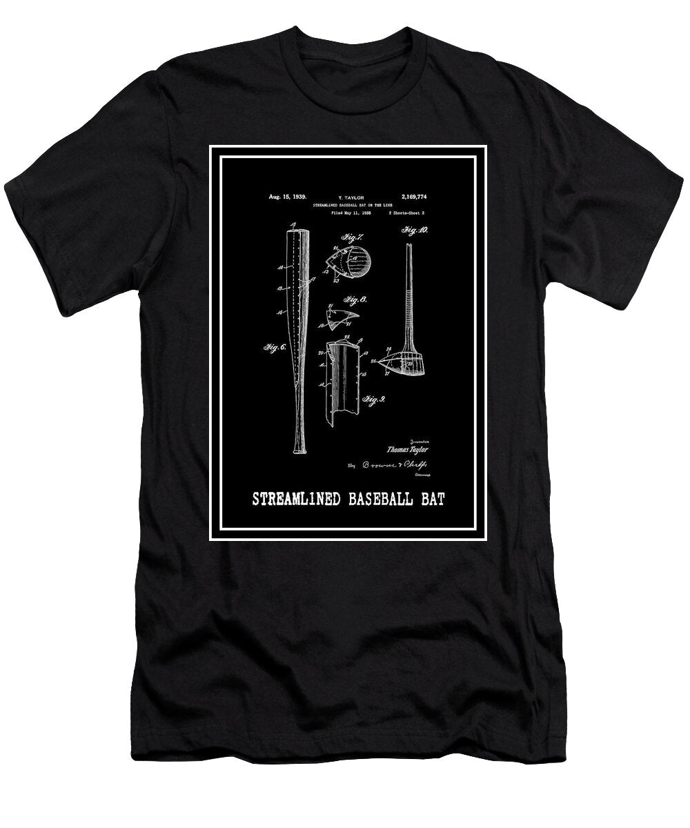 Streamlined Baseball Bat Vintage Patent 1939 Sheet 2 Black and White Carol Japp T-Shirt
