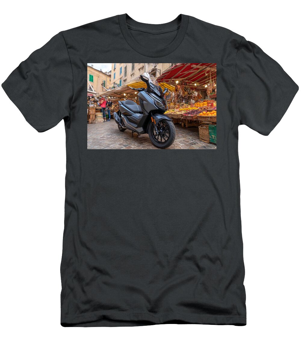 Street Market Urban Scooter Stylish Vehicle Honda Forza 350 Scooter Parked in a Bustling European Ma Grover Mcclure T-Shirt