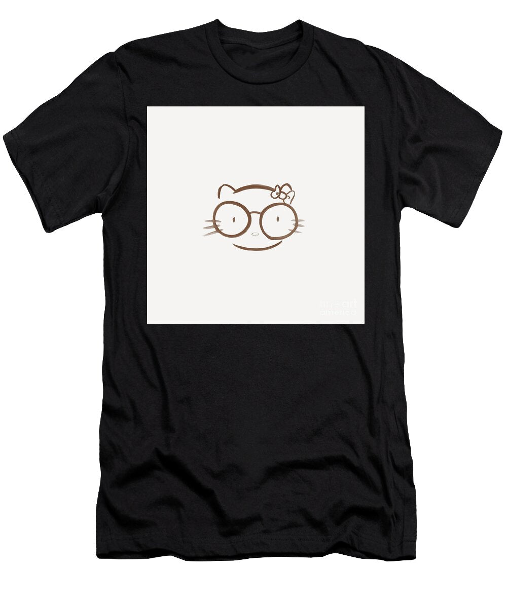 Sumi E Painting of a Japanese Kawaii Nerd Hello Kitty in Beige C Awen Fine Art Prints T-Shirt