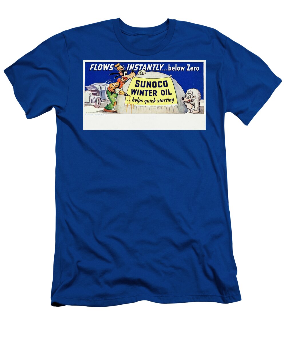 Sunoco Winter Oil Helps Quick Starting Goofy Pouring Out Oil Scared By Polar Bear By Igloo Ad Sign Cody Cookston T-Shirt