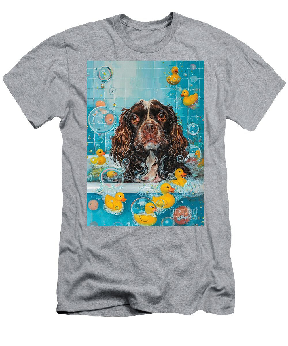 Sussex Spaniel Dog Frolicking in a Bubbly Bathtub Adrien Efren T-Shirt
