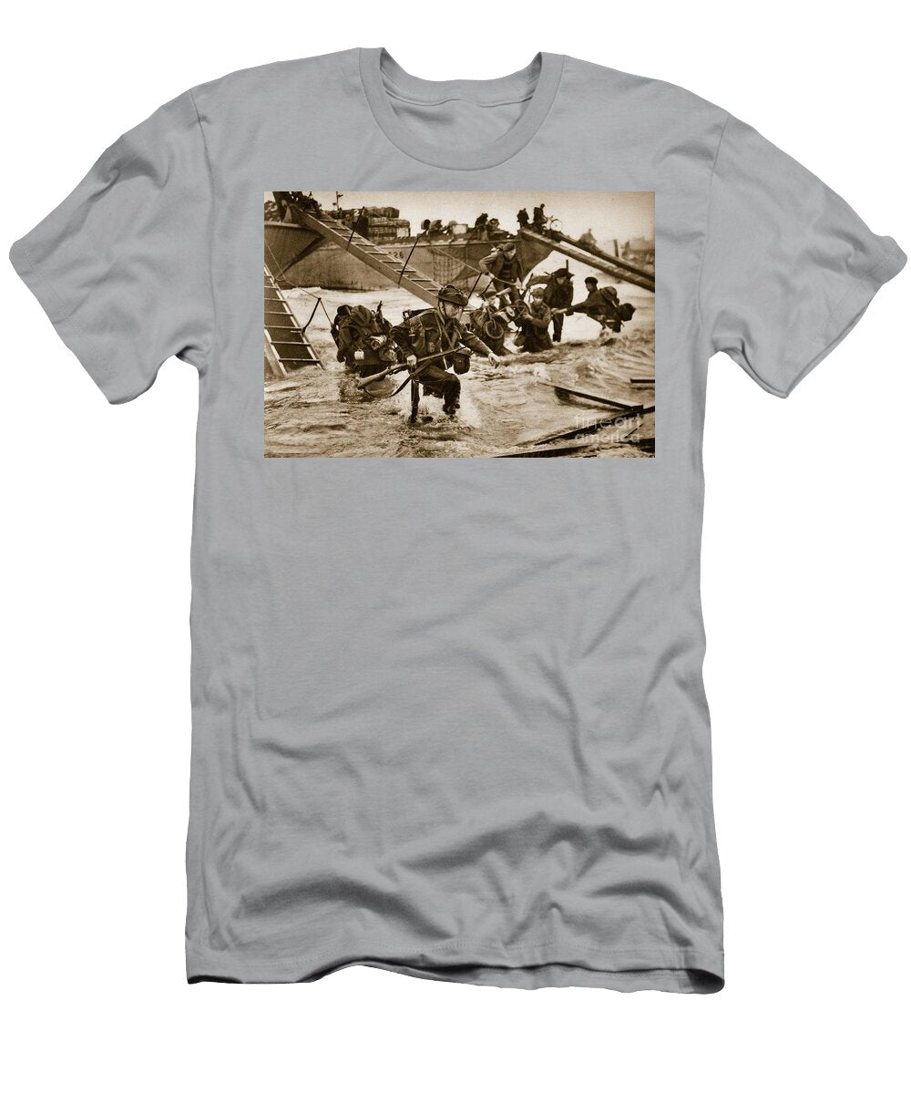 The First British Troops Disembark From the Specially Designed Landing Ladders in the Middle Soldiers Carry a Scooter 6 June 1944 English Photographer T-Shirt