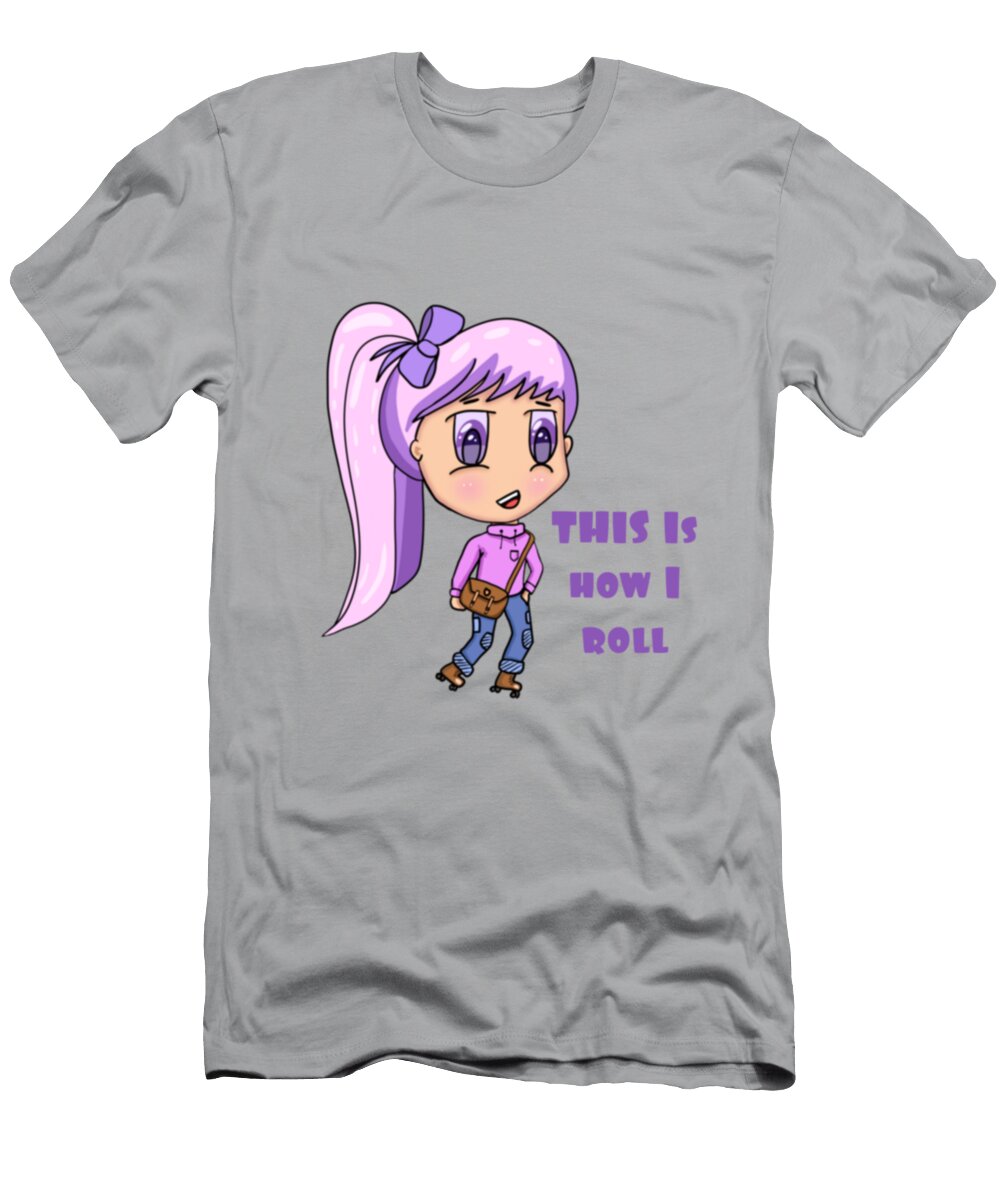 This Is How I Roll Text with Chibi Pink Haired Girl on Rollerskates Barefoot Bodeez Art T-Shirt