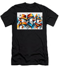 Three Cartoonish Snowmen in Vibrant Hats Larts Studio T-Shirt