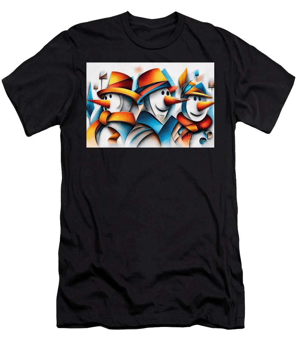 Three Cartoonish Snowmen in Vibrant Hats Larts Studio T-Shirt
