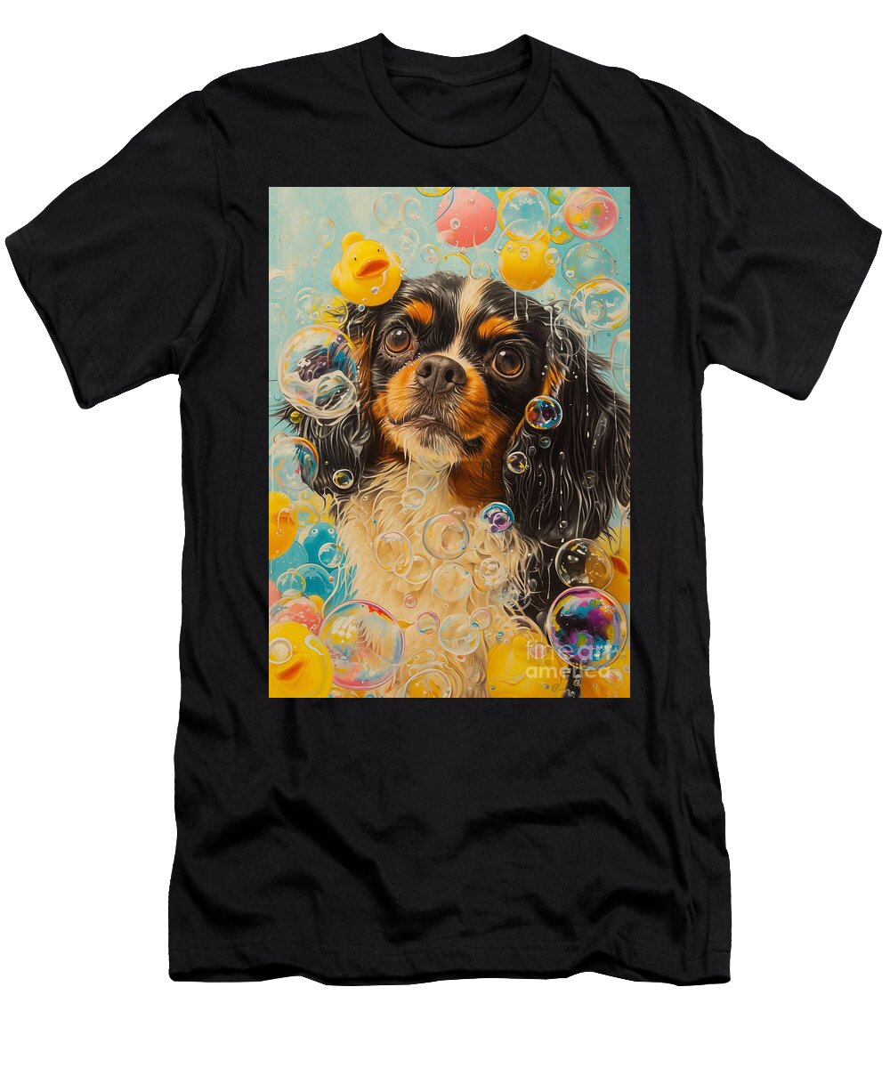 Tibetan Spaniel Dog Frolicking in a Bubbly Bathtub Adrien Efren T-Shirt
