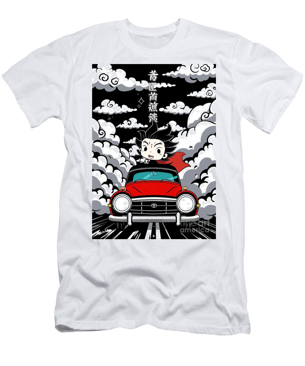 Toyota Publica Toon Character Driving a Red Toyota Publica Through Clouds Lowell Harann T-Shirt