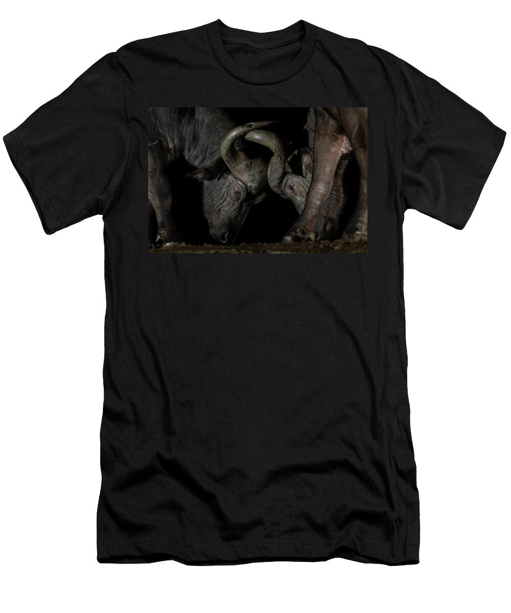 Two Cape Buffalo Bulls Sparring At Night Zimanga Game Ann Steve Toon Natureplcom T-Shirt