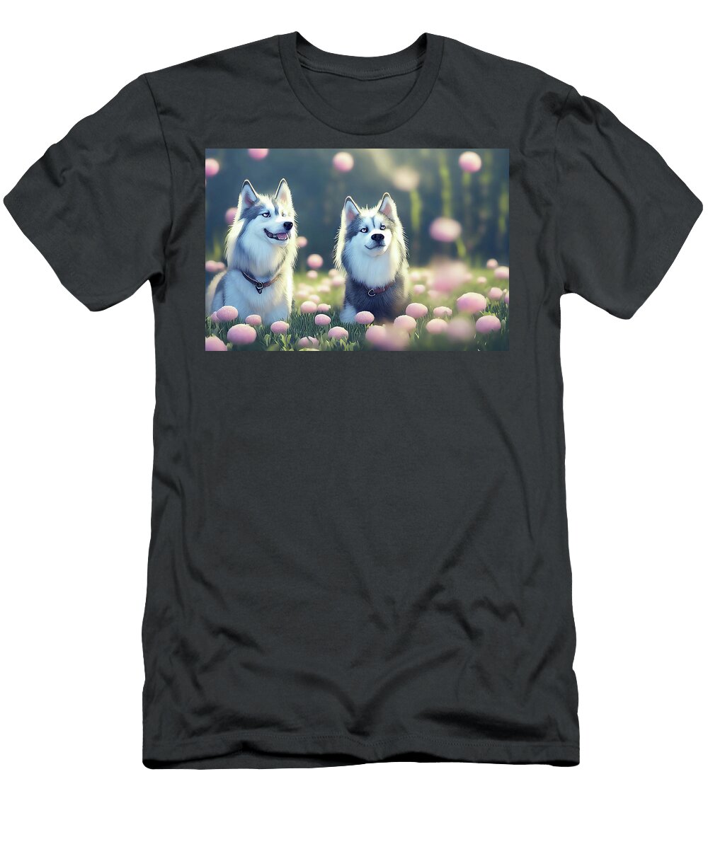 Two Fluffy Husky Dogs in Flower Field Mr Sizsus T-Shirt