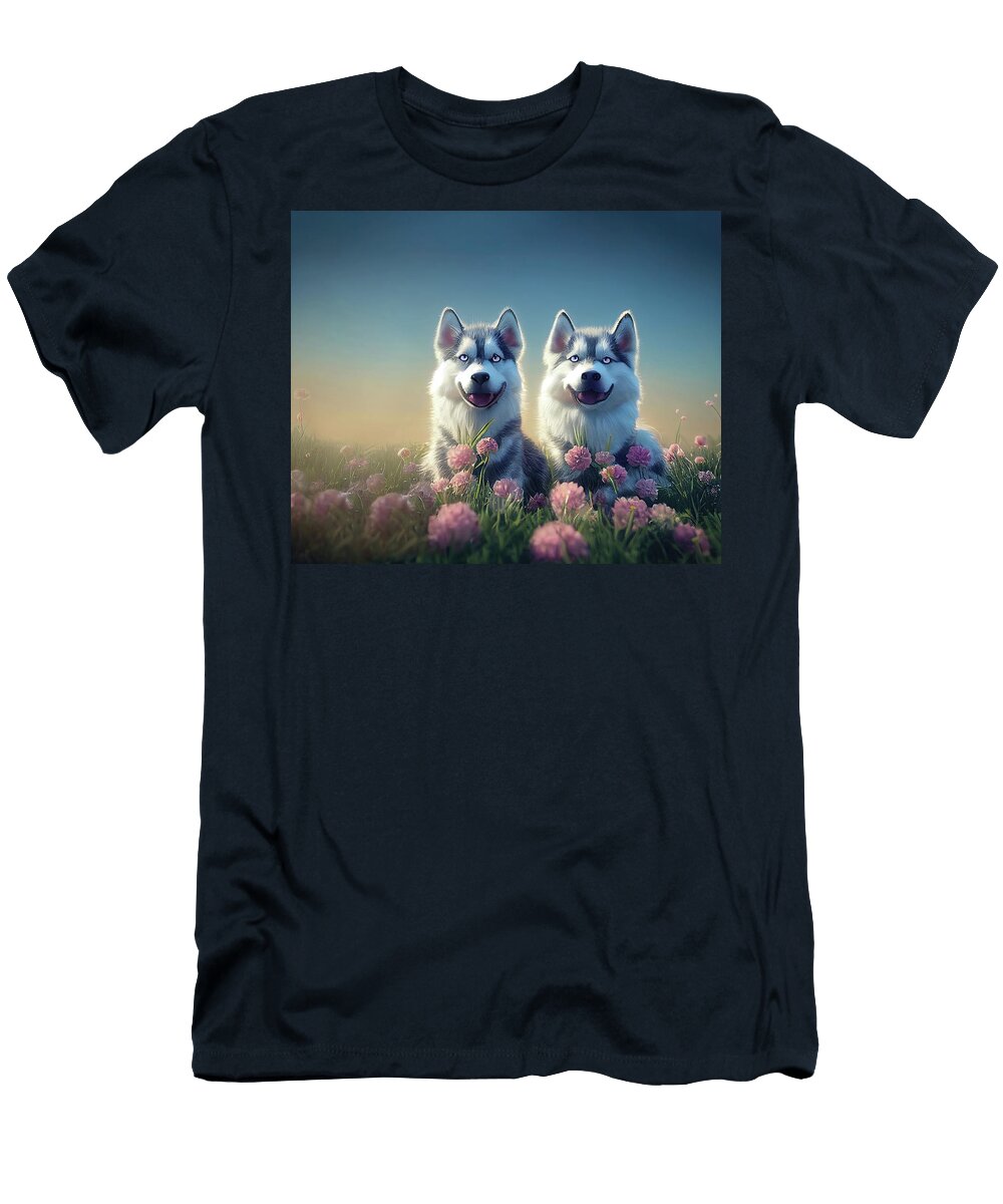 Two Fluffy Husky Dogs in the Meadows Mr Sizsus T-Shirt