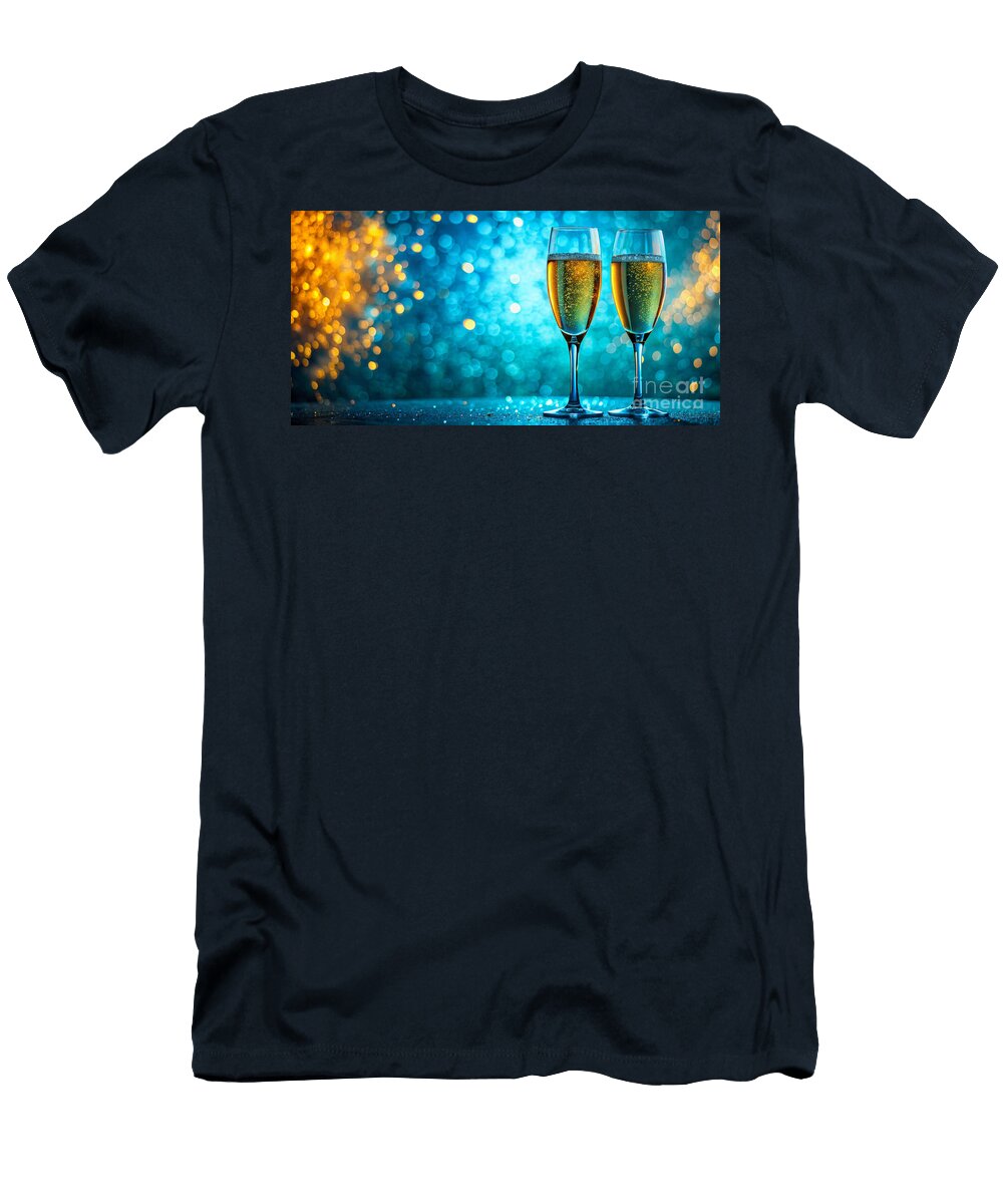Two Glasses of Sparkling Champagne Are Set Against a Vibrant and Festive Bokeh Background Odon Czintos T-Shirt