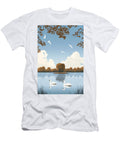 Two Swans Swim on Calm Lake Fall Foliage Birds Fly Maverick Junk T-Shirt