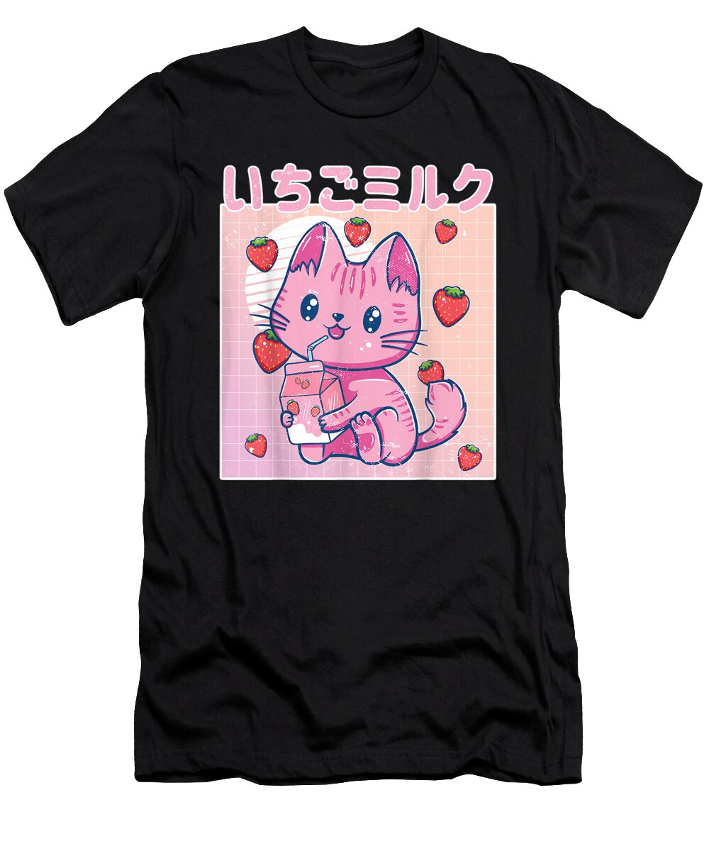 Vaporwave Strawberry Cat 90s Japanese Kawaii Strawberry Milk Fun Ezone Prints T-Shirt