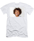 Very Smiling and Happy Child with Perfect White Teeth with an Adorable Gesture Poses on a White B Joaquin Corbalan T-Shirt