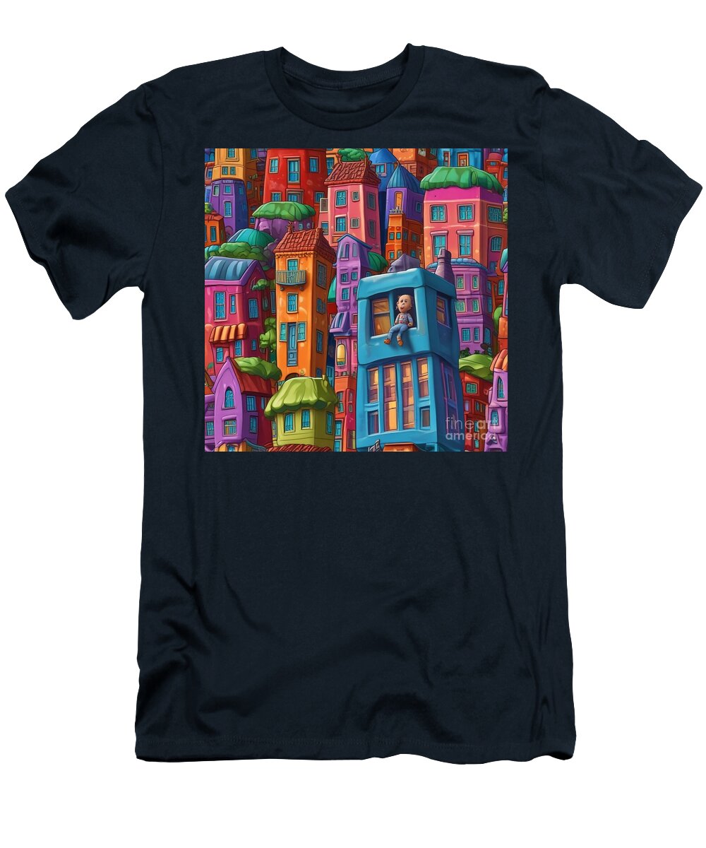 Vibrant Cityscape with Seated Figure Elisabet Bondesson T-Shirt