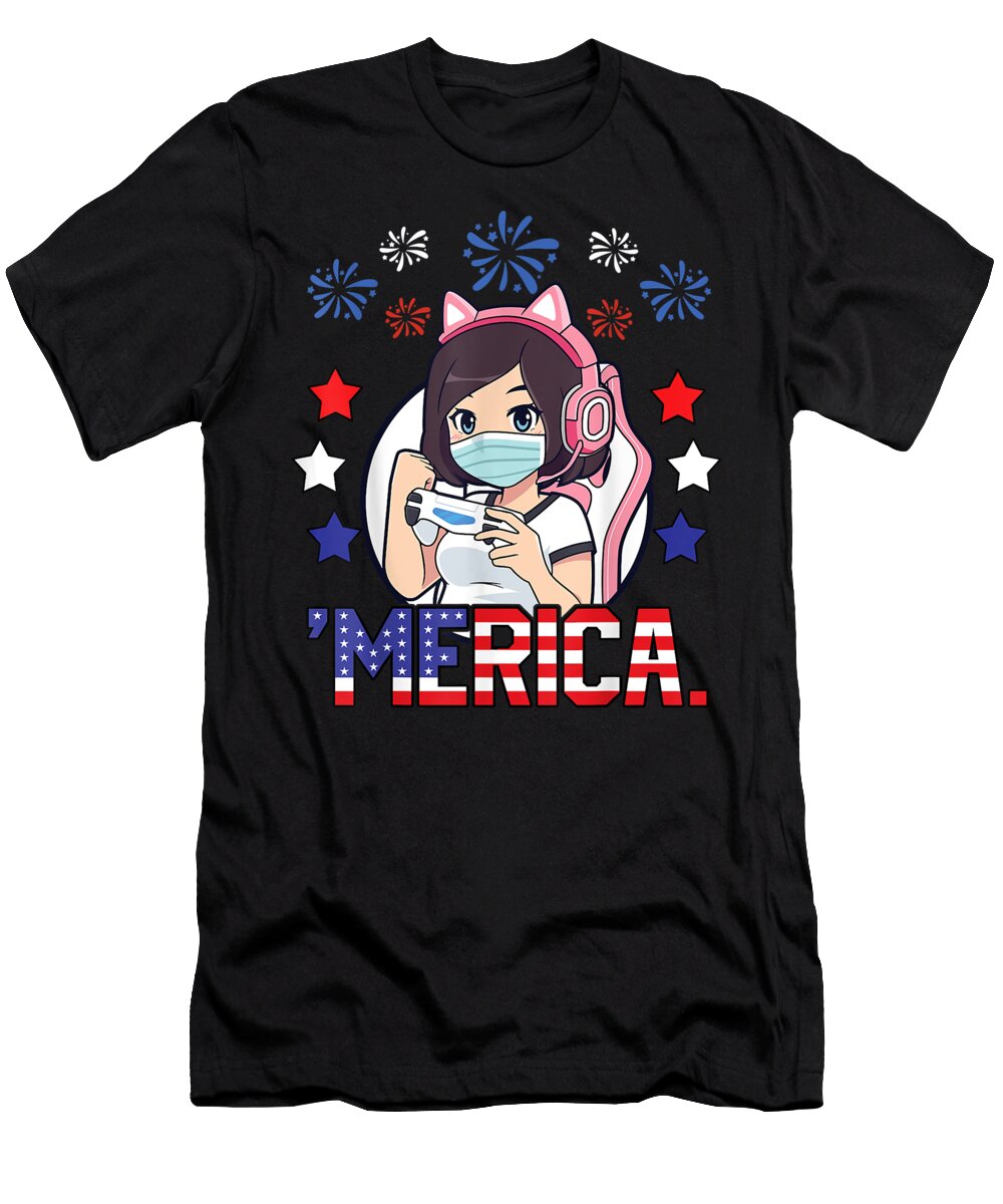 Video Game 4th of July Anime Girl Face Mask Fireworks Girls Dnt Prints T-Shirt
