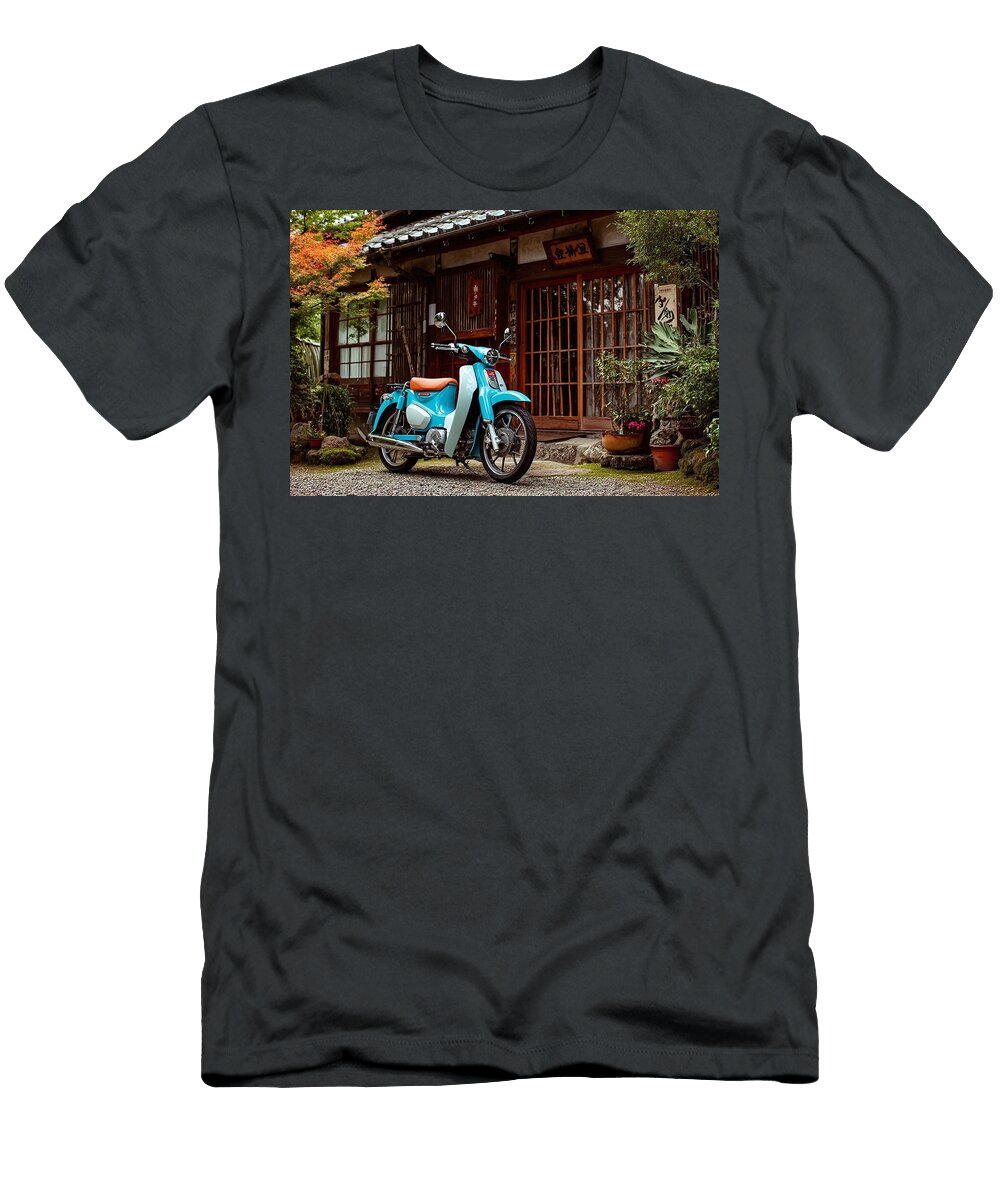 Vintage Scooter Retro Design Japanese Style Honda Super Cub C125 Retro Scooter Parked in Front of a Grover Mcclure T-Shirt
