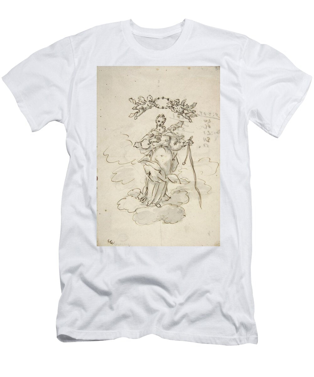 Virgin Standing on Clouds Holding a Scapular in Her Left Giovanni Antonio Pellegrini T-Shirt