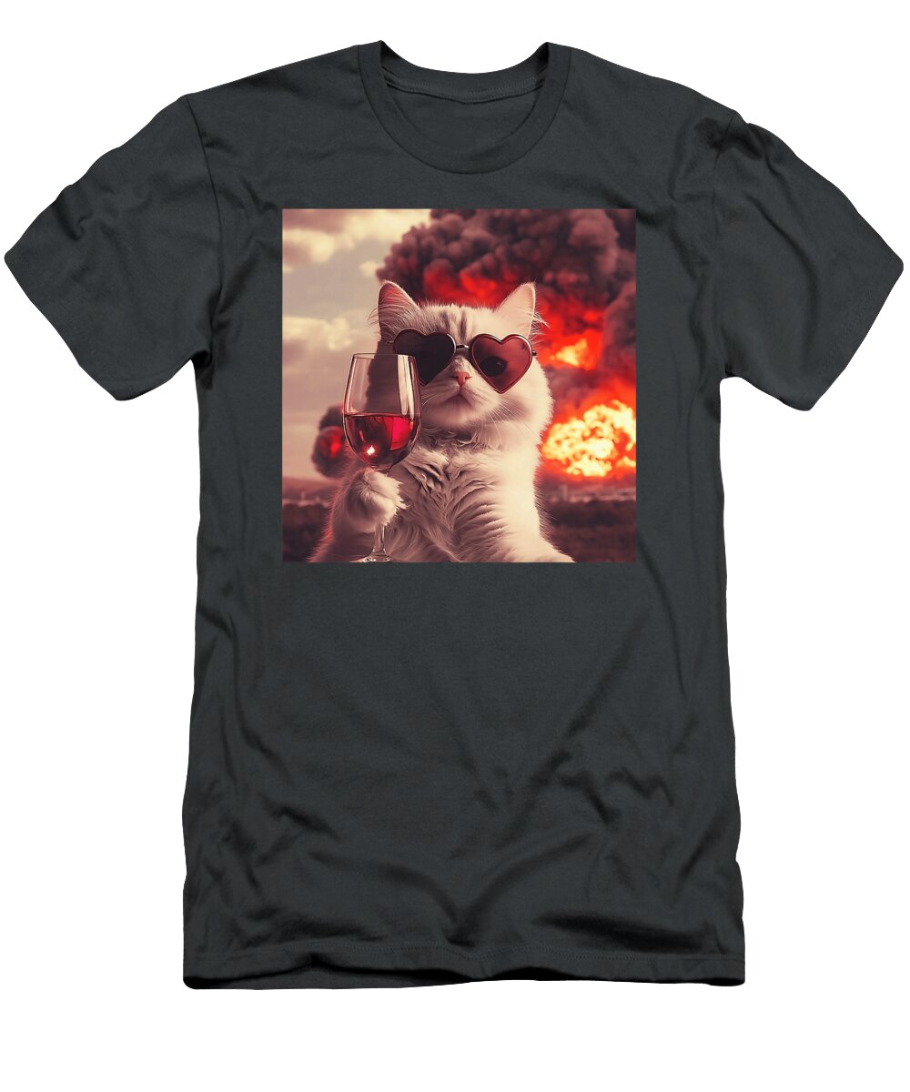 Wacky Cat Holding Wine Selfi with Fire Funny Zyneu Gangd T-Shirt