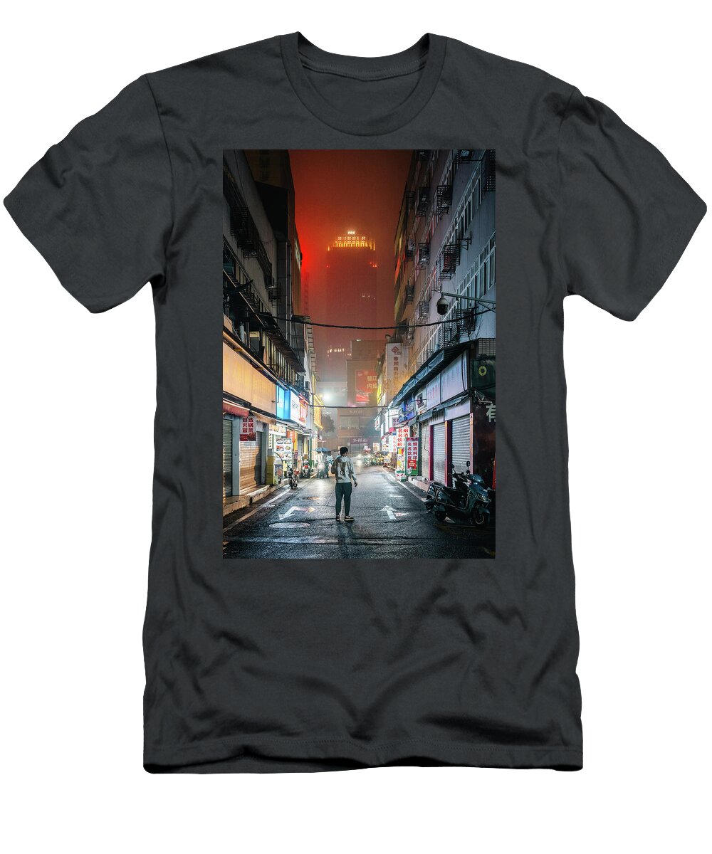 Walking Through a Misty Street in Chengdu At Night Philippe Lejeanvre T-Shirt