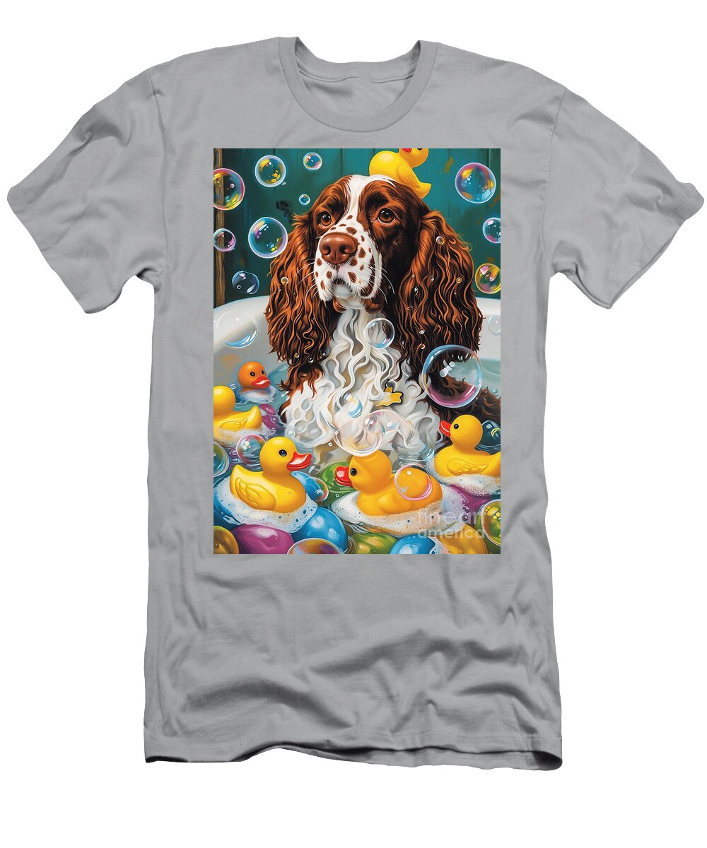 Welsh Springer Spaniel Dog Frolicking in a Bubbly Bathtub Adrien Efren T-Shirt
