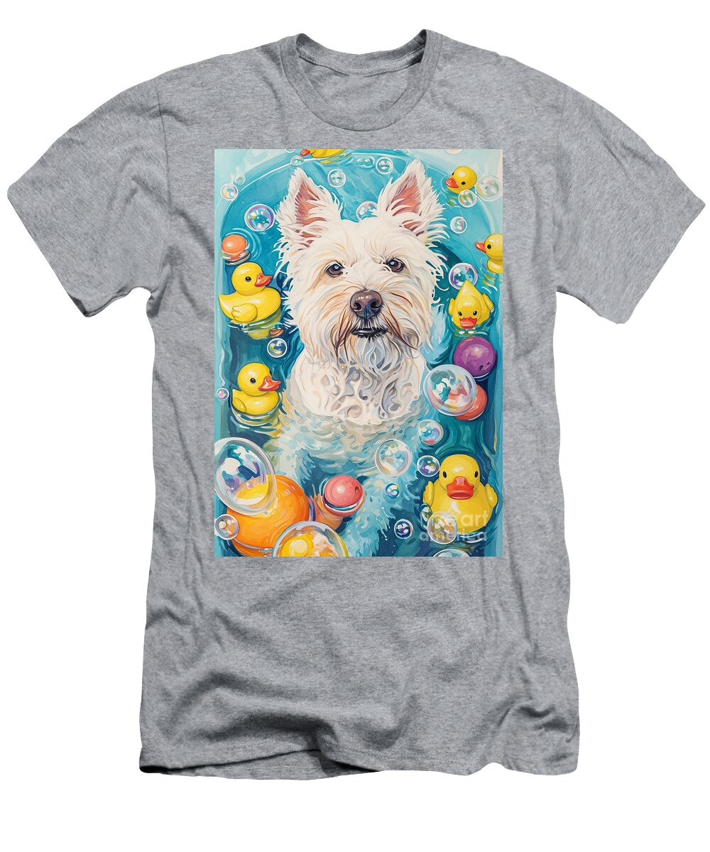 West Highland White Terrier Dog Frolicking in a Bubbly Bathtub Adrien Efren T-Shirt