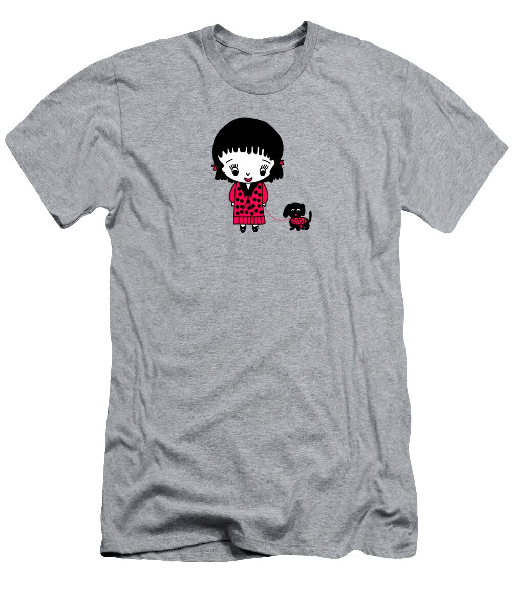 Whimsical Girl and Her Pet Dog in Black and Red Barefoot Bodeez Art T-Shirt