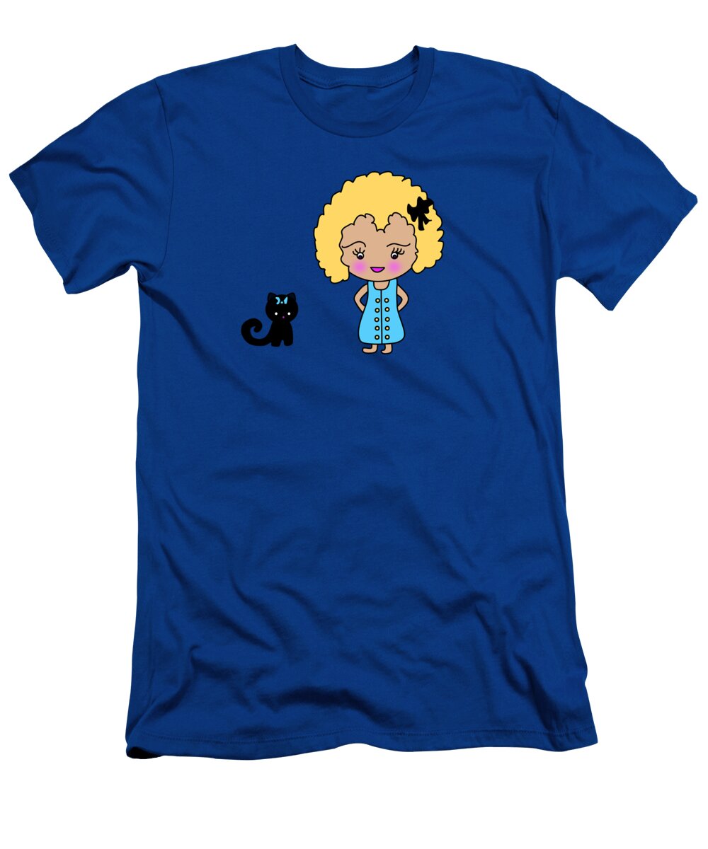 Whimsy Blonde Girl and Cat in Blue Barefoot Bodeez Art T-Shirt