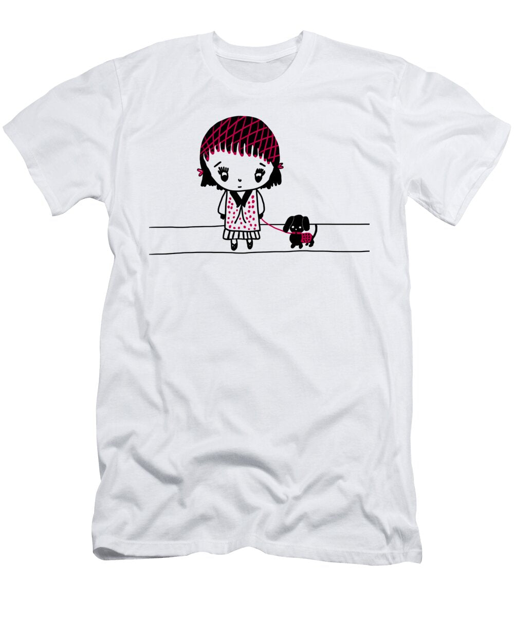 Whimsy Girl and Dog in Black and Red Barefoot Bodeez Art T-Shirt