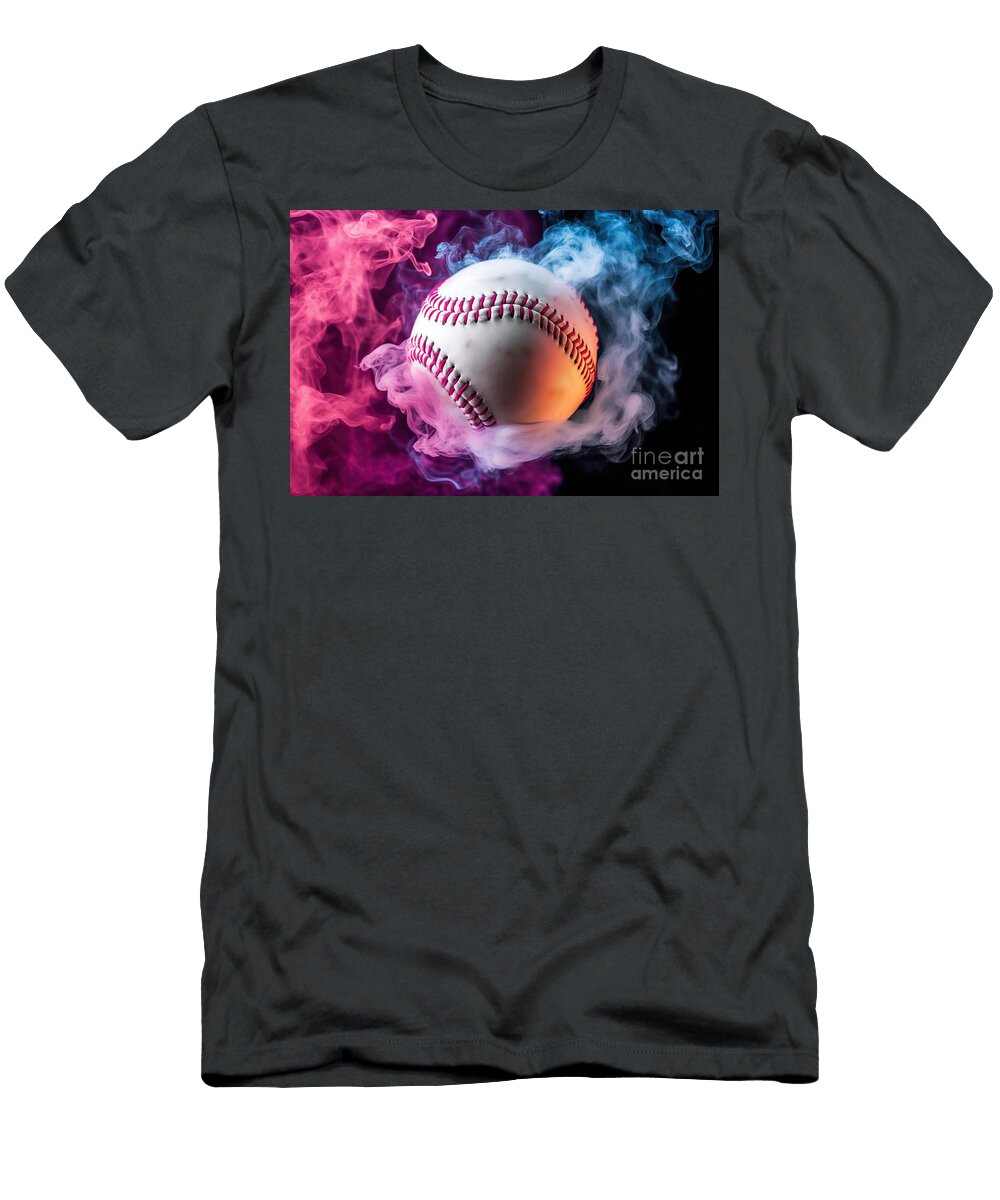 White Baseball Ball in Multi Colored Red Smoke From a Vape on a Black Isolated Background N Akkash T-Shirt