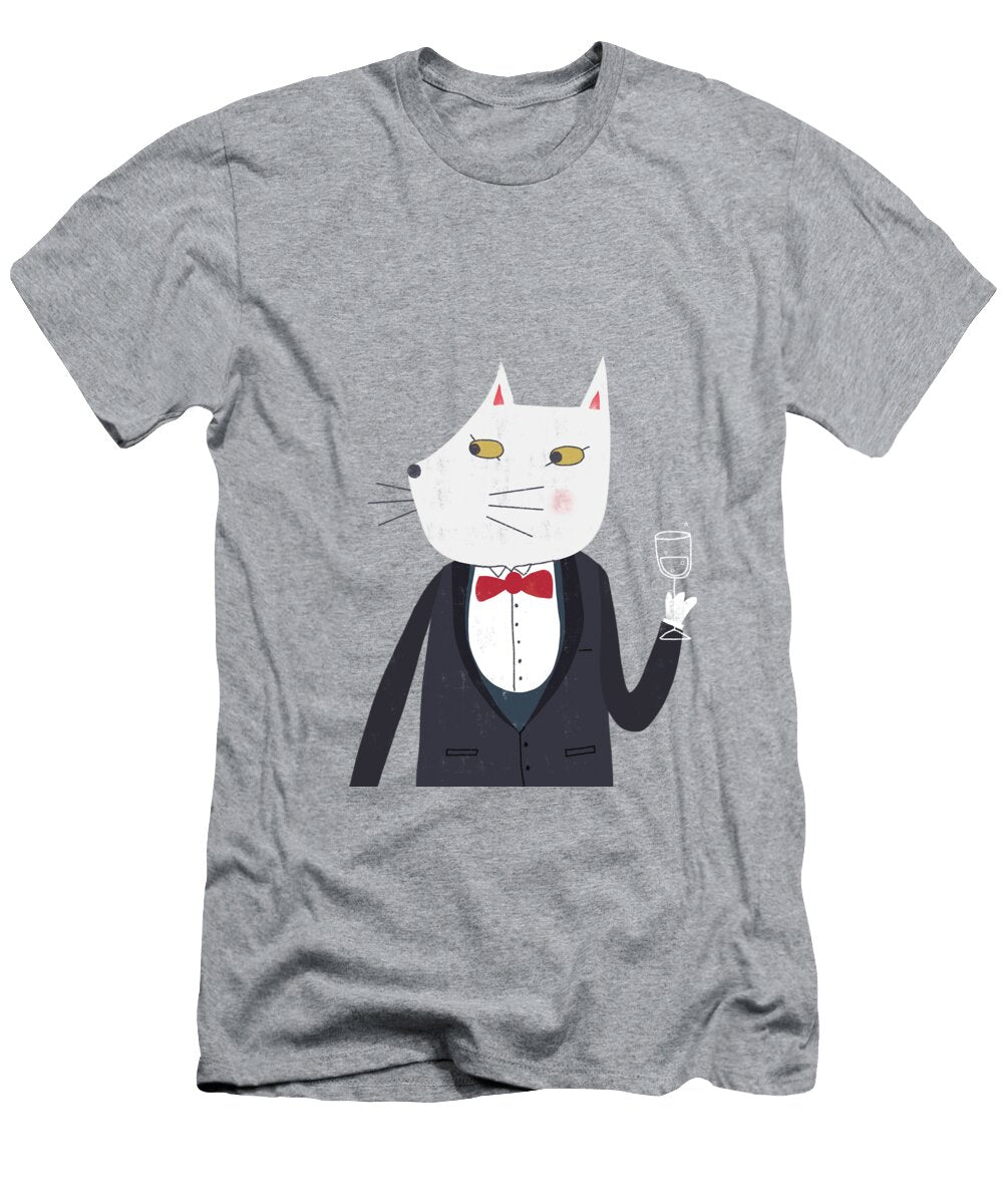 White Cat with Tuxedo and Wine Glass Nic Squirrell T-Shirt