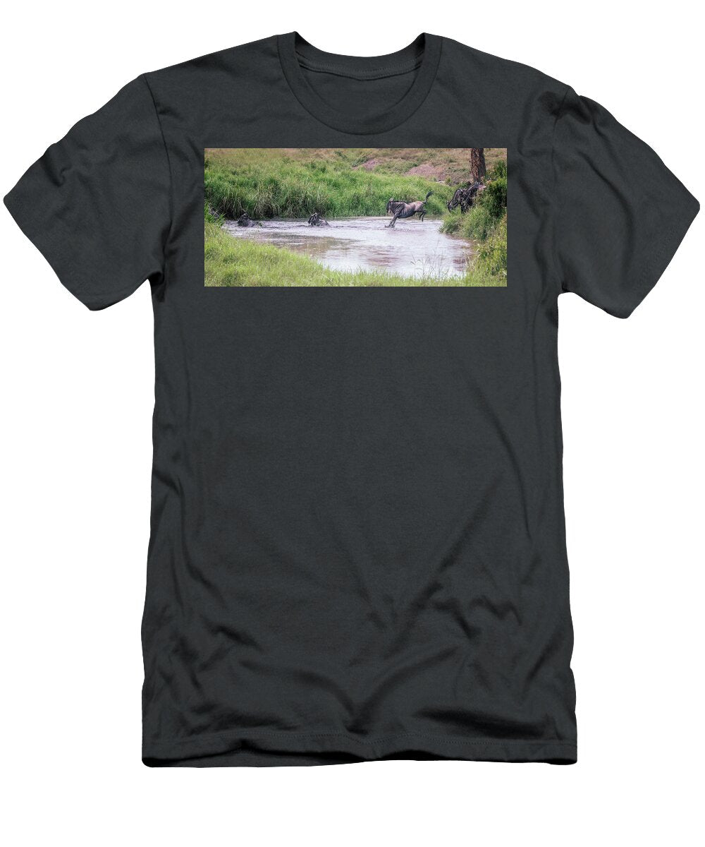 Wildebeest Migration River Crossing Tanzania Africa 3 Joan Carroll T-Shirt
