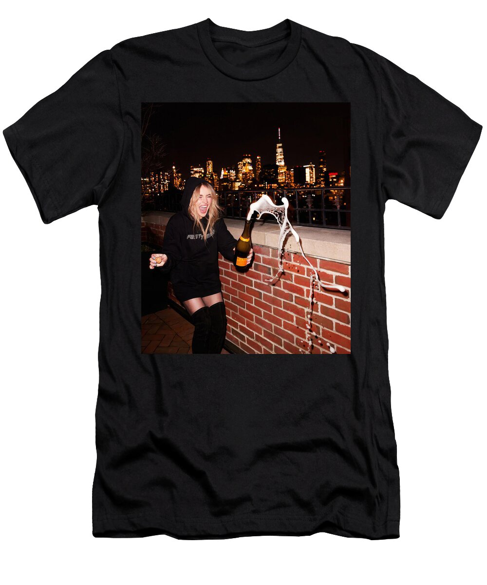 Woman Pops Champagne At Night City View Arash Buya T-Shirt