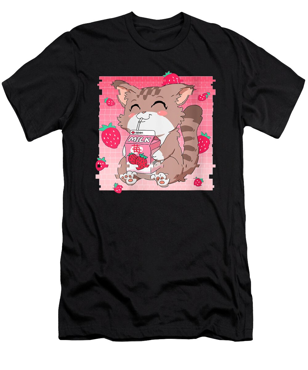 Womens 90s Vaporwave Kawaii Anime Glitch Cat Pink Strawberry Milk V Neck Retro Ezone Prints T-Shirt
