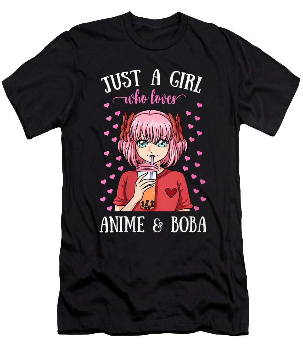 Womens Just a Girl Who Loves Anime Boba Bubble Tea Manga Kawaii V Neck Nice Ezone Prints T-Shirt