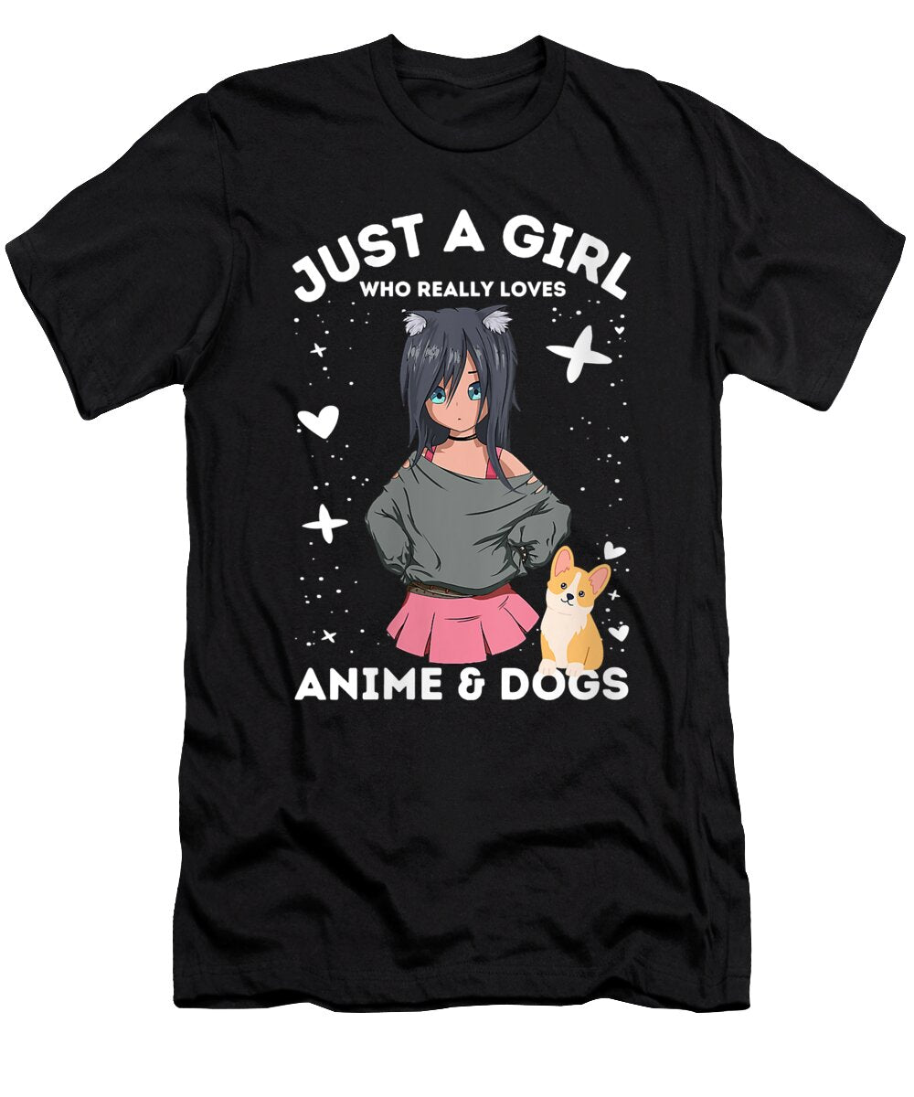 Womens Just a Girl Who Really Loves Anime and Dogs Pastel Goth Girl V Neck Fun Ezone Prints T-Shirt