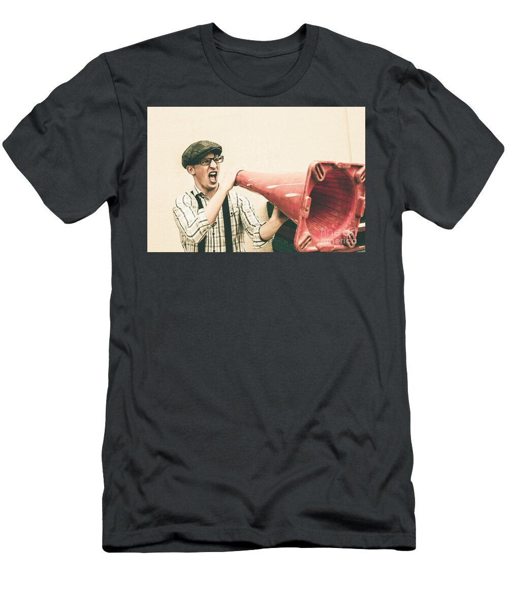 Young Man Shouting with Road Marker Loud Hailer Ryan Jorgensen T-Shirt
